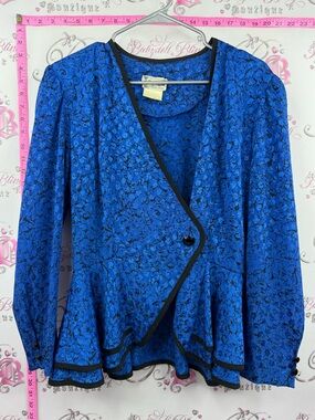 NUMODE blazer bow ribbon detail Blue Floral Peplum Blazer with Black Trim